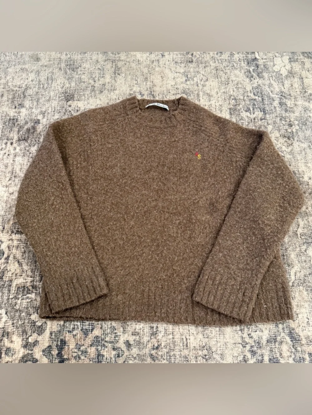 Acne Studios 100% Wool Sweater Womens S/M Brown Cropped Crewneck Luxury Knit - Picture 3 of 11
